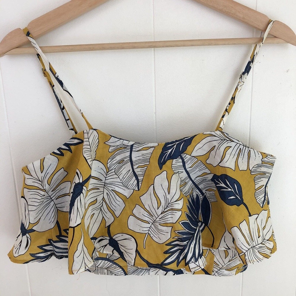L'ATISTE Women's Small Spaghetti Strap Crop Top Yellow Tropical Palm Adjustable